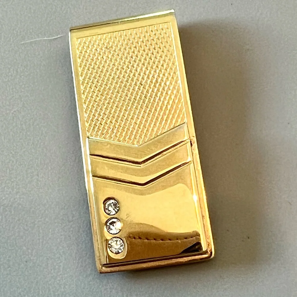 Money Clip Gold Tone Textured Three Rhinestones